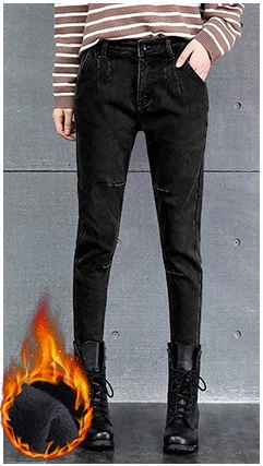 black gray velvet Зимние теплые джинсы женские винтажные размера плюс с высокой талией джинсы для женщин в стиле бойфренд толстые джинсовые шаровары - Цвет: black gray velvet
