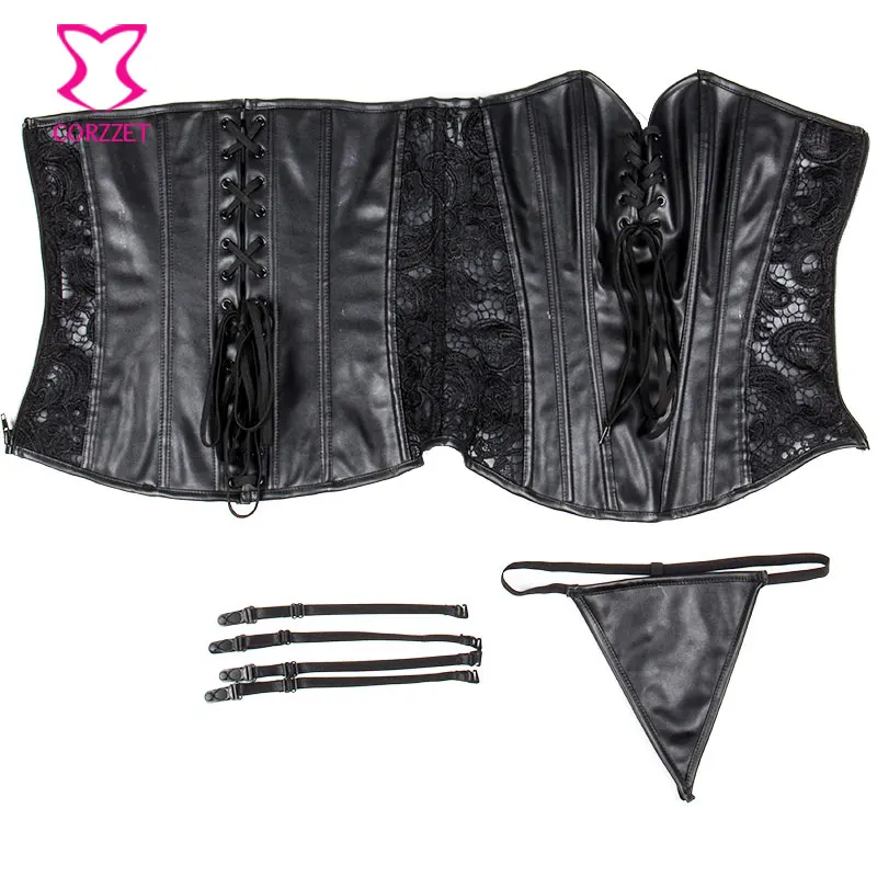 Черный корсет из искусственной кожи и кружева в стиле стимпанк корсеты бюстье