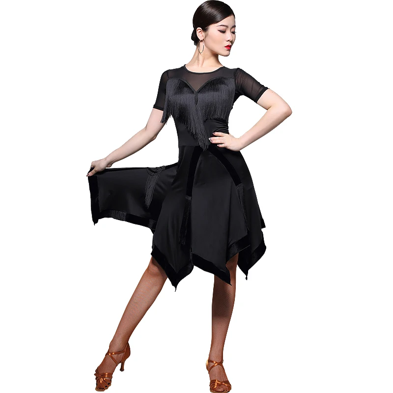 

2019 New Latin Dance Dress Sale For Women'S Black Blue Sexy Short Sleeve Irregular Tassel Latin Ballroom Practice Costume DL4078