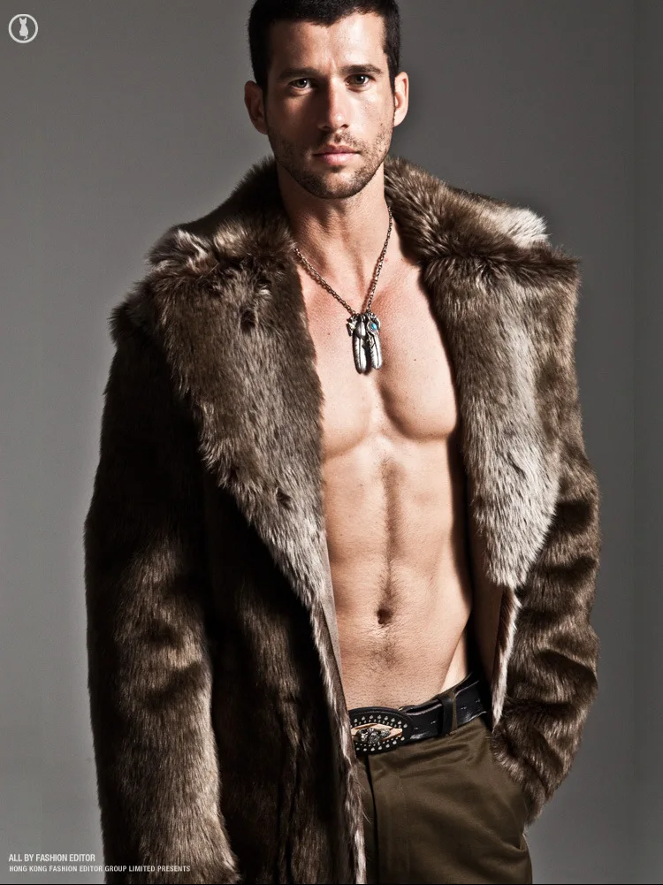 Brown Men's Faux Fur Long Coat Brown/black Warm And Comfortable Winter New Brand Maylooks Hn128 - Цвет: Brown