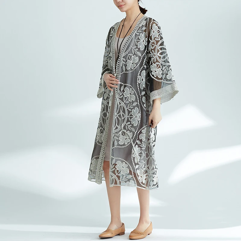 BOHOFREE прозрачное кружевное платье-кимоно с вышивкой женское платье цветочной