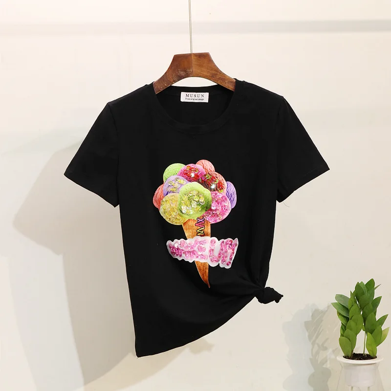 Модная Летняя женская футболка Топ с бисером и блестками короткими рукавами