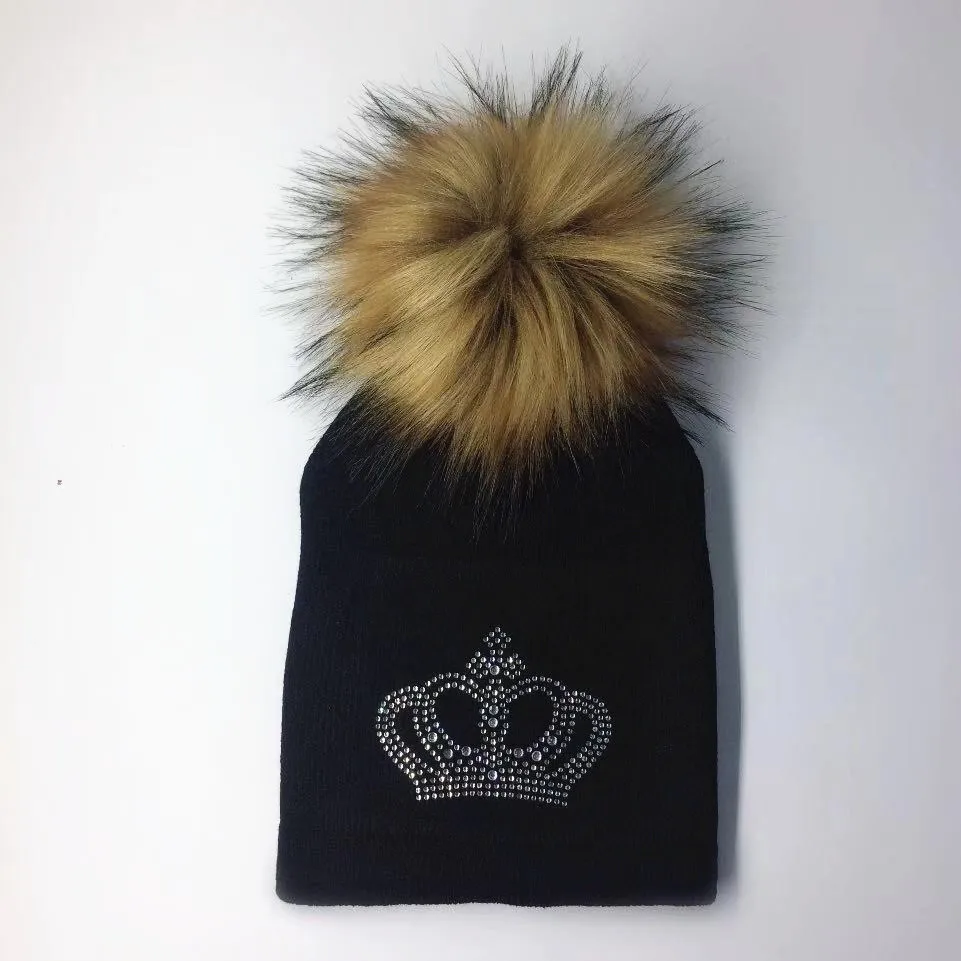crown black 2 Детская вязаная теплая Зимняя шерстяная шапка с алмазной вышивкой для девочек и мальчиков, Детские повседневные шапочки короны с помпоном из искусственного меха - Цвет: crown black 2