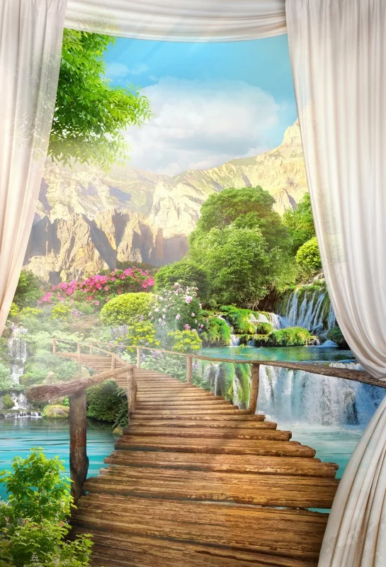Laeacco Wonderland занавес деревянный птичий водопад деревья горы фотографии фоны виниловые пользовательские фоны для фотостудии