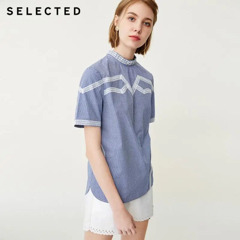 SELECTED Women's 100% Cotton Stripe Lace Splice Mock Neck Short-sleeved Shirt SIG|4183W3504 |