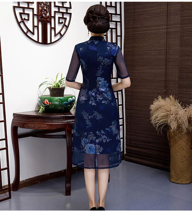 

2019 Fashion Knee Length Cheongsam Chinese style Mandarin Collar Dress Womens Summer Qipao Slim Party Dresses Vestido S to 3XL
