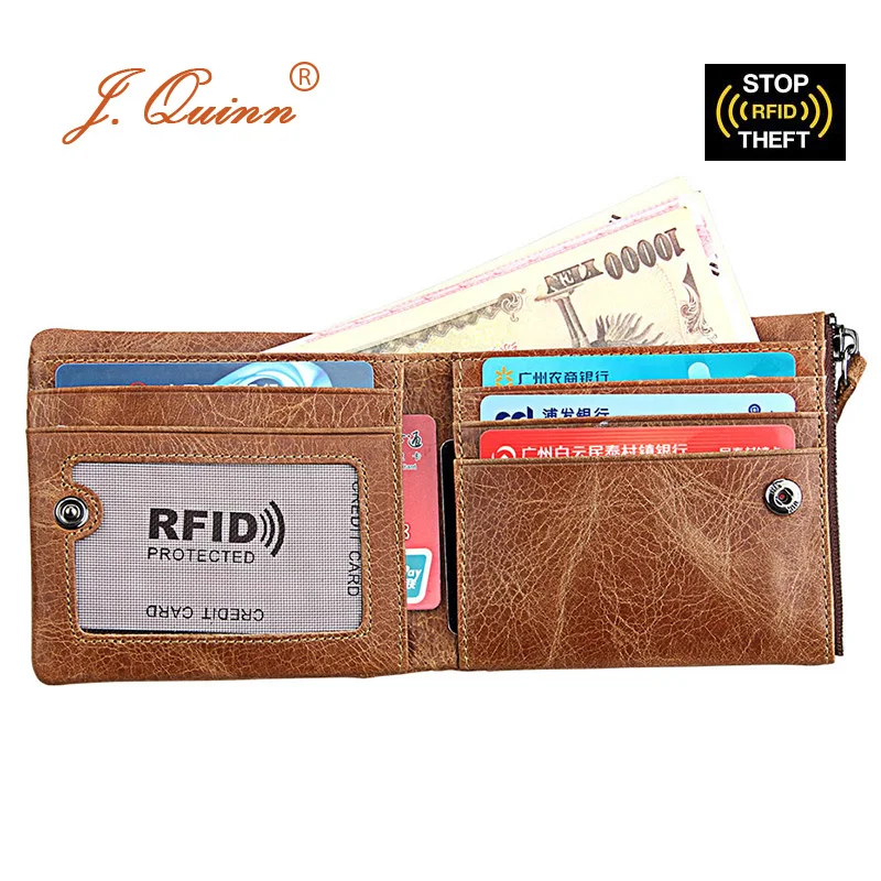 

J.Quinn Man Purse RFID Blocking Genuine Leather Crazy Horse Zipper Coin Pocket Bifold Waller Soft Short Mens Wallets 2017 Brand