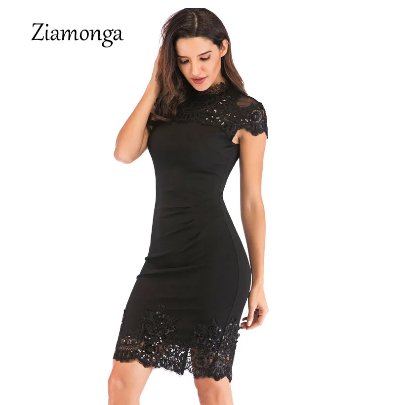 Ziamonga Лето Bodycon платье карандаша женский черный короткий рукав o образ|Женские