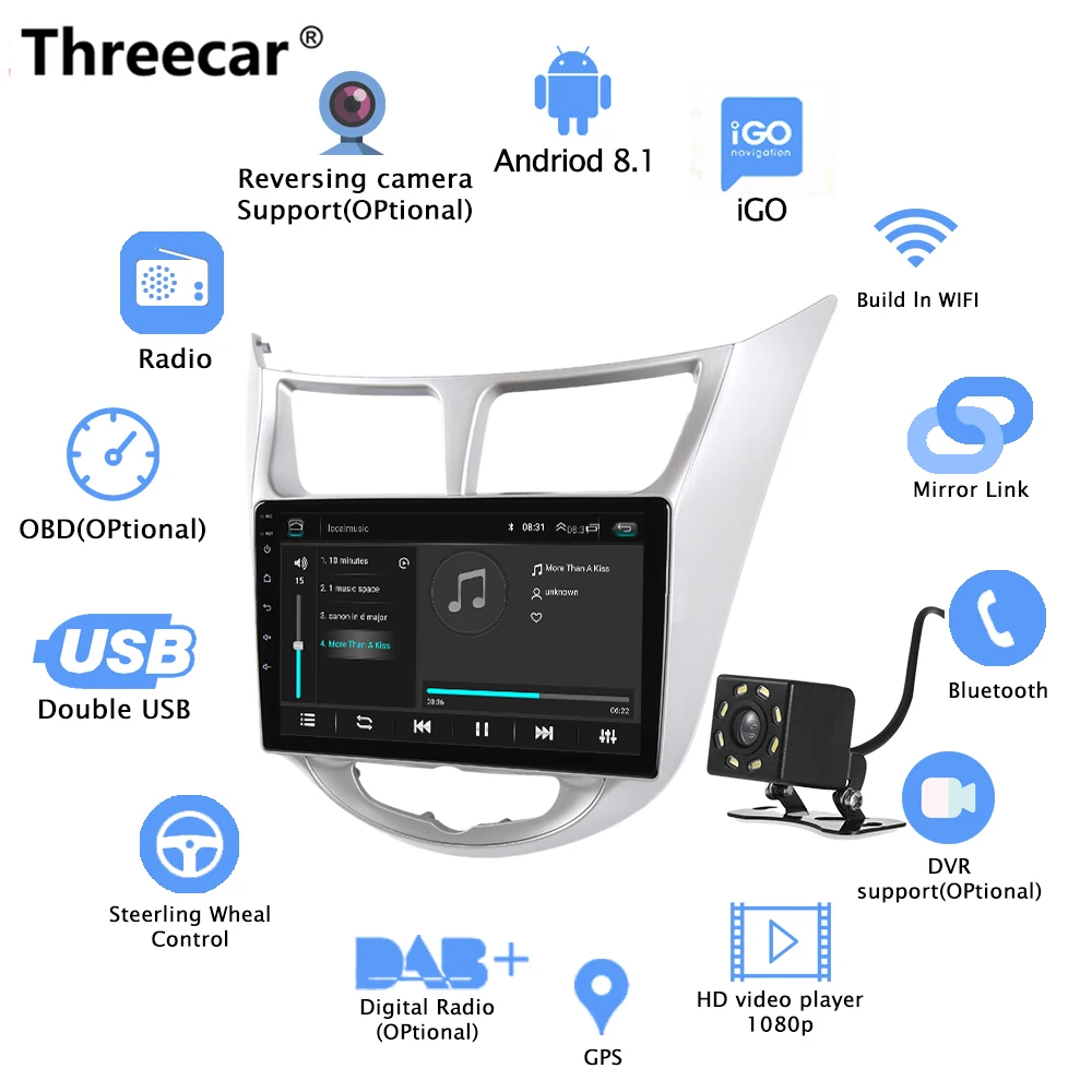 with 8 camera 2 din Android 8,1 Автомагнитола " Мультимедиа Видео плеер навигация gps Wifi Автомобиль Android для hyundai Solaris Accent Verna радио - Цвет: with 8 camera