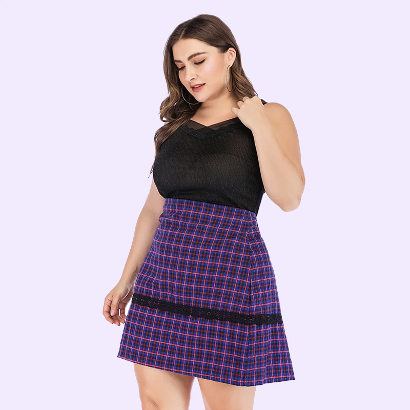 XL 5XL клетчатая юбка трапециевидной формы женская модная мини с кружевом верхняя