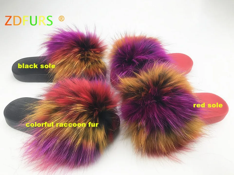 ZDFURS*/красные женские шлепанцы с мехом енота; пушистые модные домашние Летние вьетнамки с мехом лисы; большие размеры