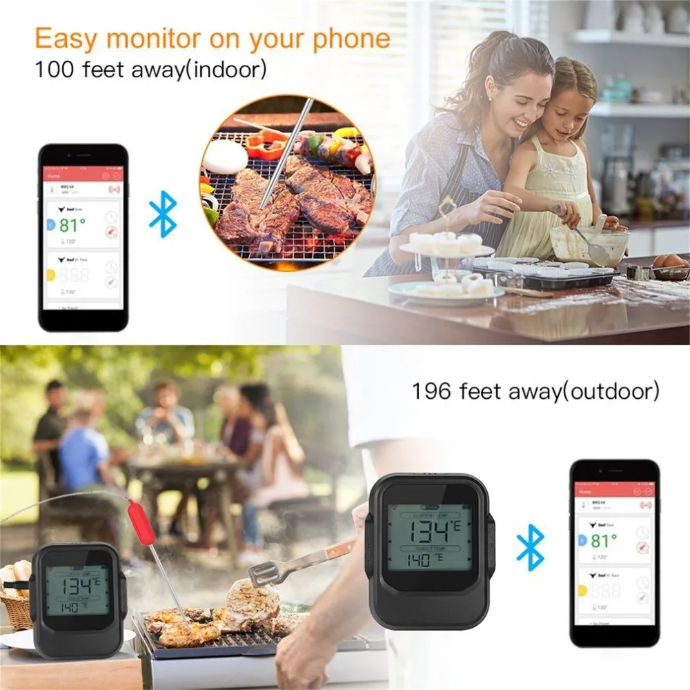 Food Cooking Bluetooth Wireless BBQ Thermometer With Six Probes and Timer For Oven Meat Grill Free App Control |