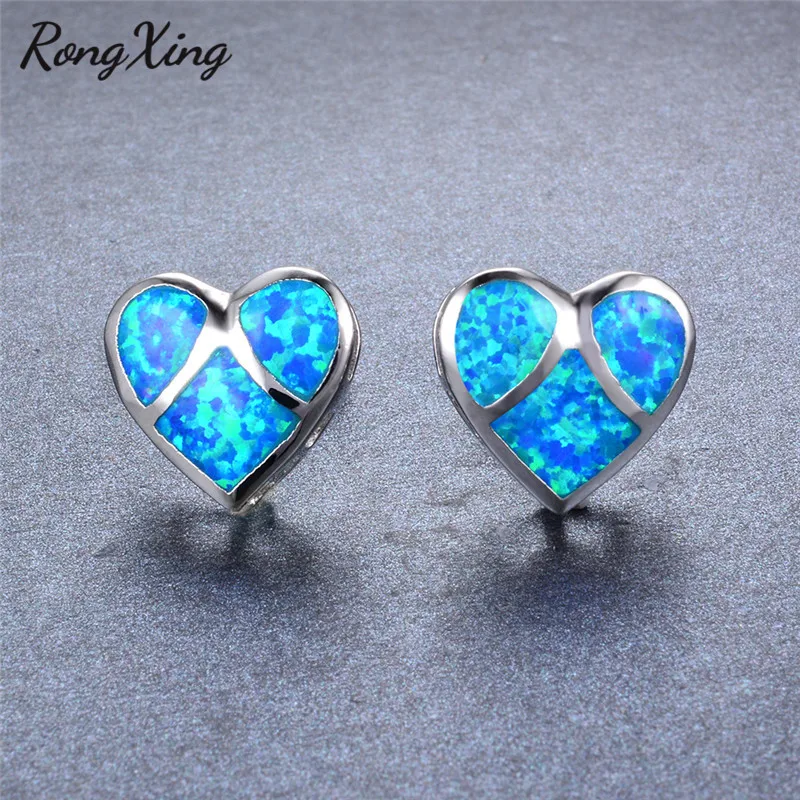 RongXing Silver Color White/Blue/Multicolor Fire Opal Heart Stud Earrings for Women Fashion Studs Jewelry Ear0559 | Украшения и