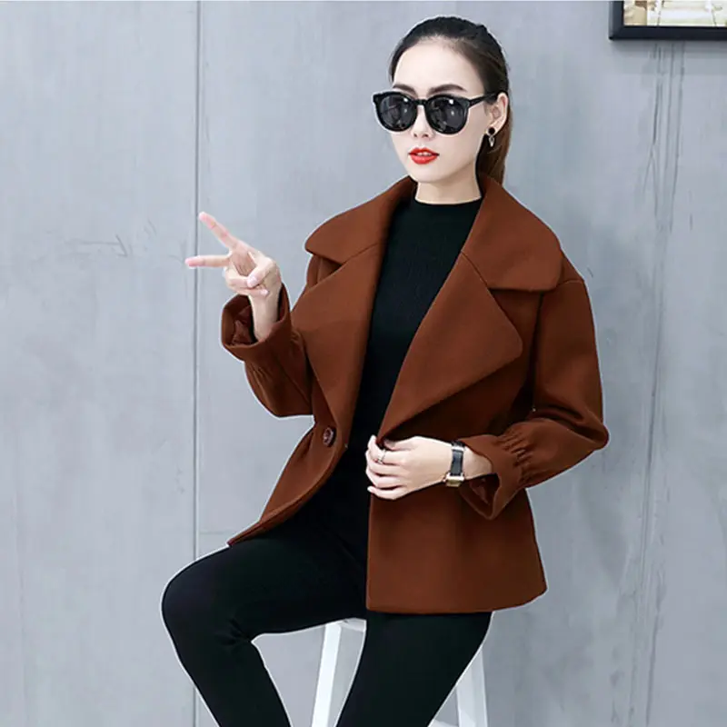 Autumn Winter Women Large Size Short Wool Coat Jacket New Slim Trumpet Sleeve Lapel Womens Overcoat Leisure Female Parkas WZ420 | Женская