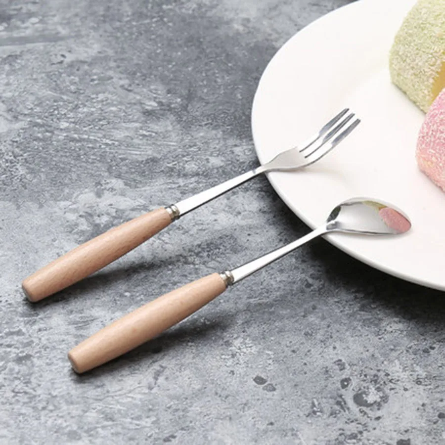 Fruit Fork Wooden Cutlery Set Stainless Steel Table Knife With Handle Cuberteria Acero Inoxidable Kitchen 40KO611 | Дом и сад