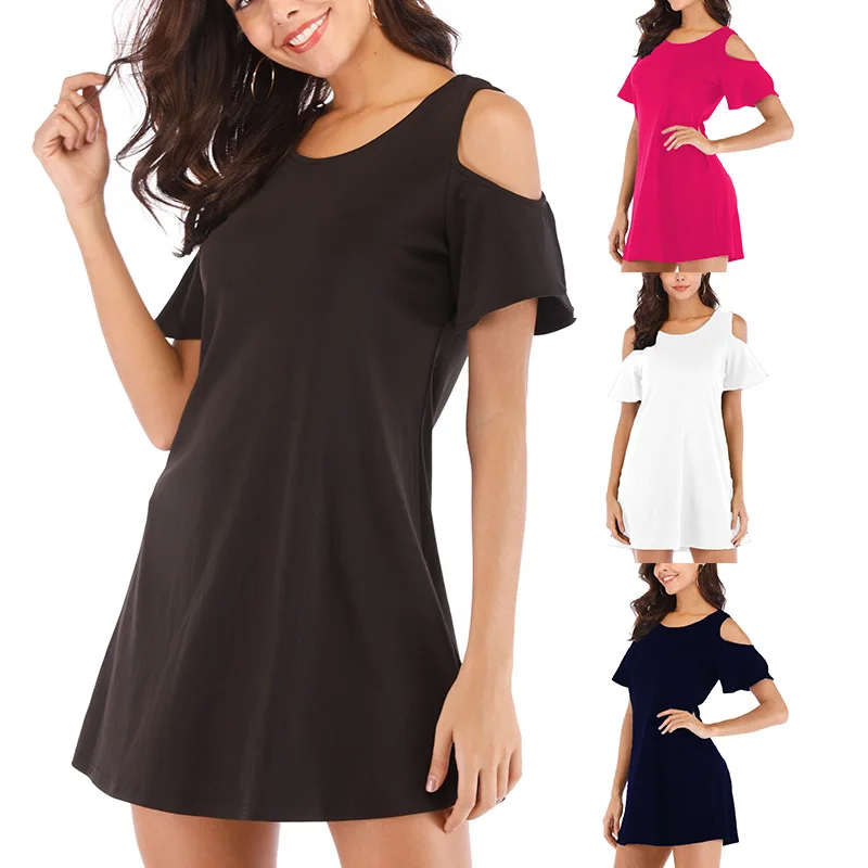 Женские Платья-мини с открытыми плечами расклешенными рукавами однотонные