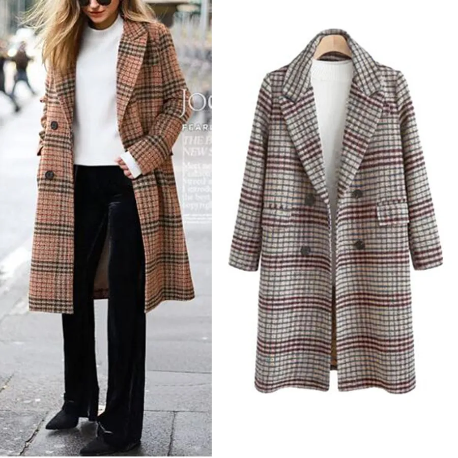 

Hodisytian 202 Winter Fashion Women Wool Coat Blends Plaid Mix-tone Check Coat Casual Thick Female Cashmere Overcoat Plus Size