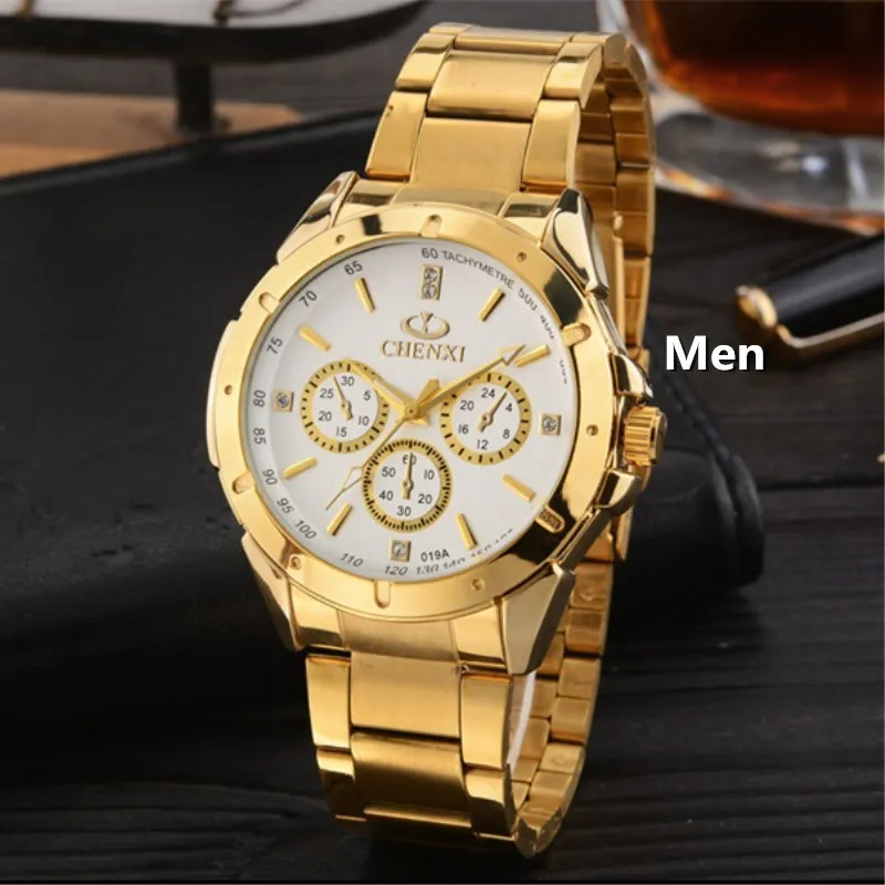 Men White CHENXI Lovers кварцевые часы для женщин и мужчин золотые наручные часы лучший бренд класса люкс Женские Мужские часы IPG золотые стальные часы PENGNATATE - Цвет: Men White