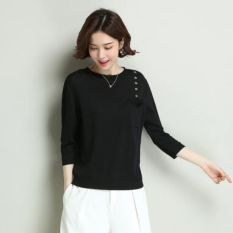 Women Knitted Pullovers Sweater Spring Summer Three-quarter Sleeve Korean Loose Jumper Tops Lady Thin Solid Color Sweaters H9354