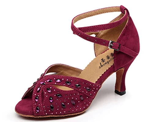 red heel 10cm WUXIJIAO/Бархатный латинский танец со стразами; обувь для взрослых; женская обувь на высоком каблуке; летние сандалии для танцев на квадратном каблуке; мягкая подошва; Каблук 7,5 см - Цвет: red heel 10cm