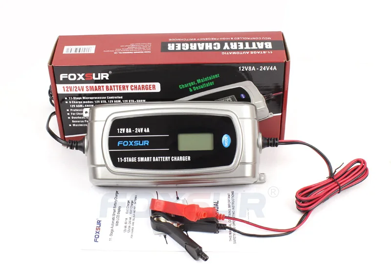 FOXSUR 12V 8A 24V 4A 11-stage смарт-зарядное устройство, автомобиль грузовик AGM EFB гель влажный зарядное устройство, свинцово-Кислотное зарядное устройство ЖК-дисплей