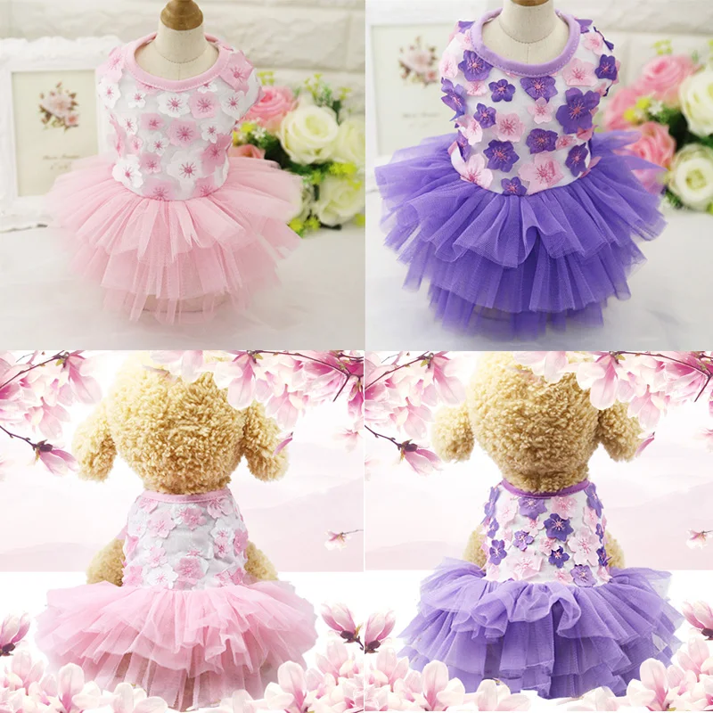 Sqinans Summer Dog Dress Pet Clothes Floral Puppy Kitten Skirt Princess Tulle Apparel For Small Dogs Clothing |