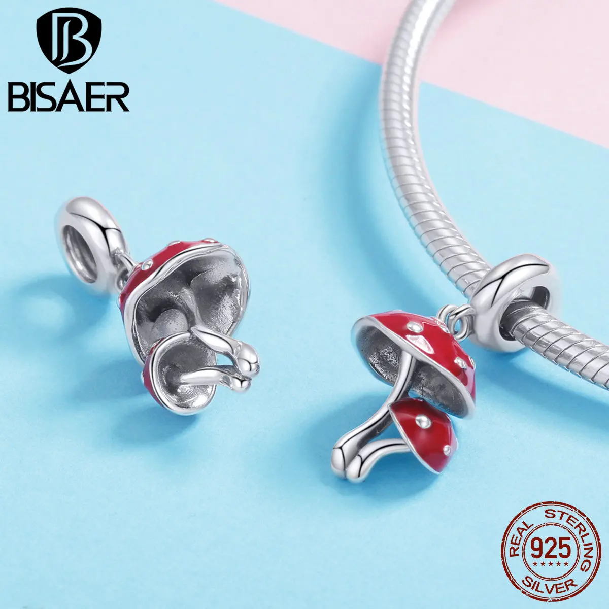 BISAER подлинные 925 пробы серебряные лесные грибы красные эмалированные Подвески Бусины Подходят оригинальные браслеты ожерелья ювелирные изделия ECC1060