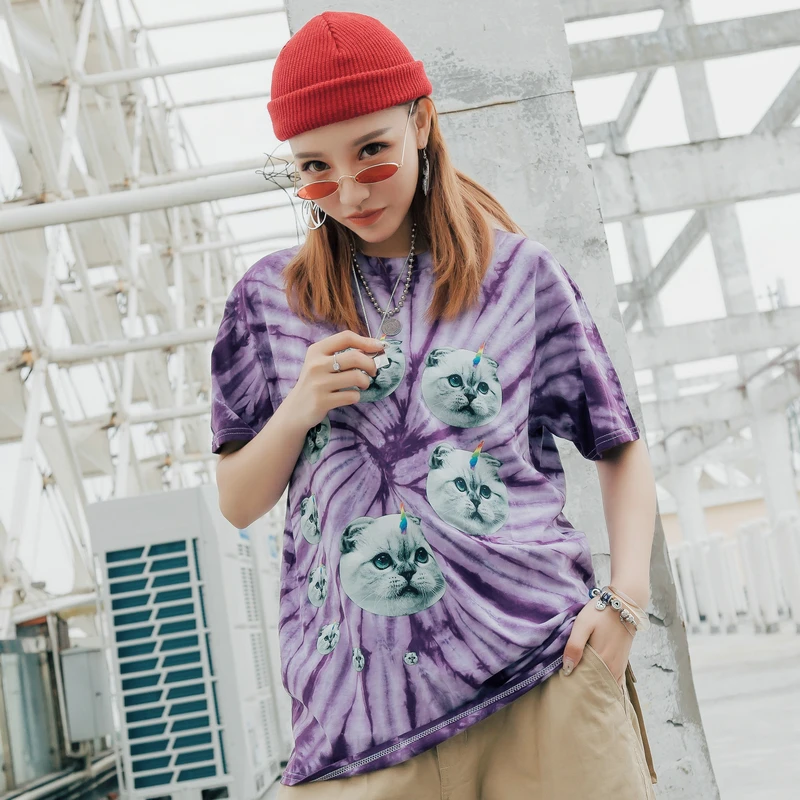 Кошка с принтом пейсли Tie Dye футболки Для женщин Круглый шеи хип хоп футболка