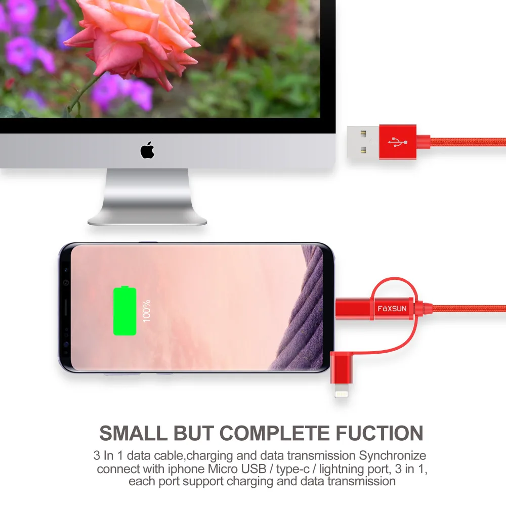 Foxsun USB кабель для iPhone X/8/7/6 MFI Сертифицированный 3 в 1 передачи данных нейлоновая