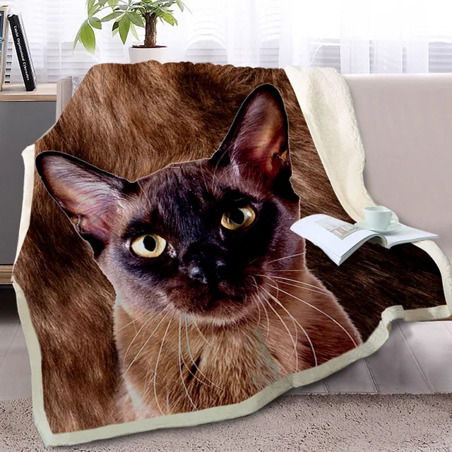 BlessLiving 3D Cat Throw Blanket on Bed Sofa Animal Siamese Sherpa Blanket Pet Brown Bedspread Fur Plush Thin Quilt 150cmx200cm 2