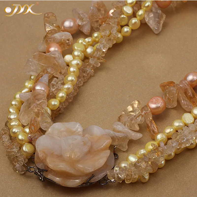 

JYX Classic Style Jade Flower Necklace five strands 6-7mm freshwater pearls with citrine and jade 18.5" women