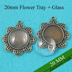 

20mm Antique Bronze Filigree Flower Pendant Tray, 20mm Cabochon Bezel Setting + Clear Glass Cabochons (200 Trays + 200 Glass)