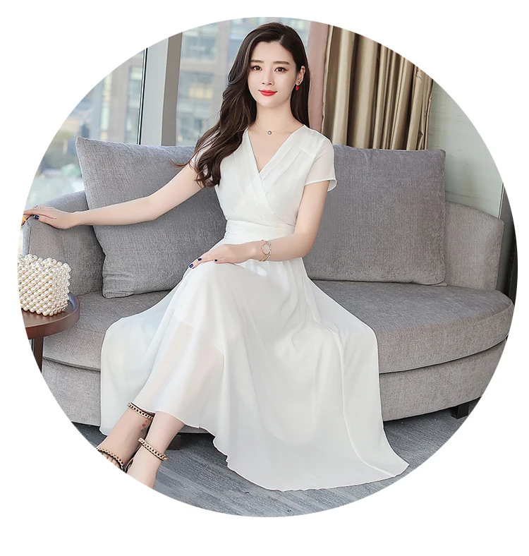 Новое летнее платье размера плюс 7 цветов 4XL длинное шифоновое платье с v-образным вырезом и коротким рукавом элегантное сексуальное пляжное платье Vestidos
