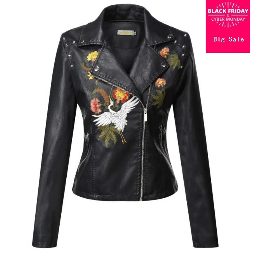 Куртка женская из искусственной кожи с вышивкой и заклепками wj1369|jackets ladies|fashion