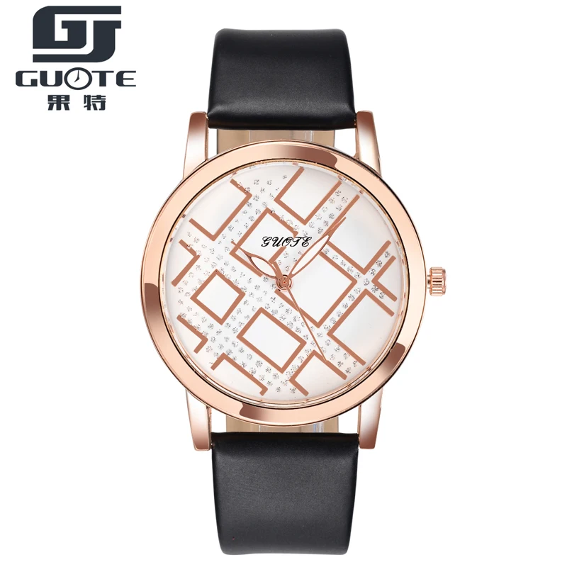 Guote часы женщины розовое из кожи золотого цвета Группа Стразы Дамы кварц-Часы Montre