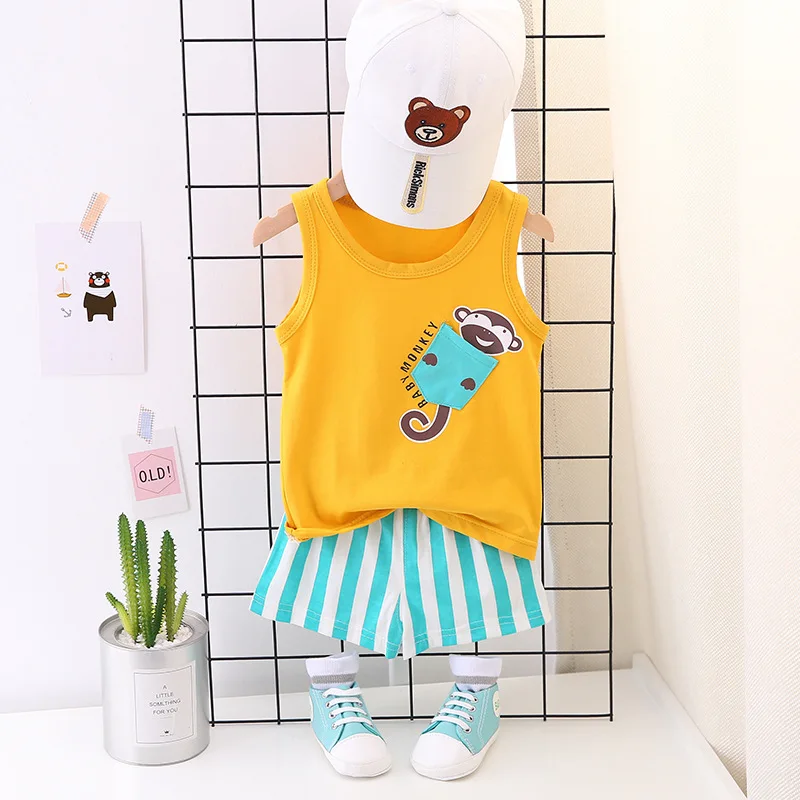 Summer color cartoon hot sale cotton children baby boys vest short clothing set | Детская одежда и обувь