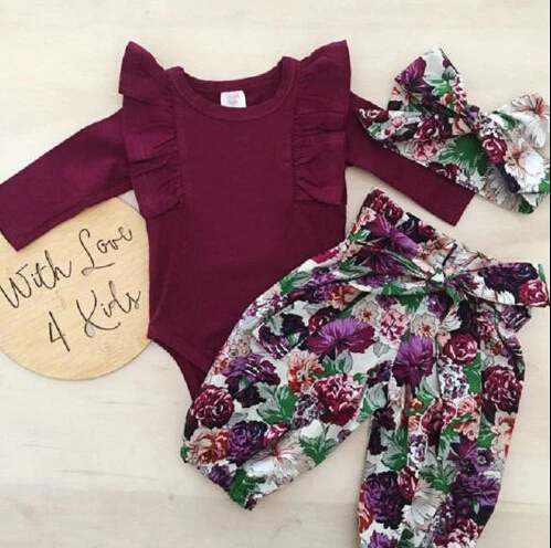 princess girl clothes set fly sleeve romper+floral pants+headband clothes autumn wear 0-18m