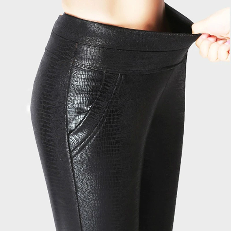 2018 зимние теплые флисовые женские кожаные узкие брюки из искусственной кожи