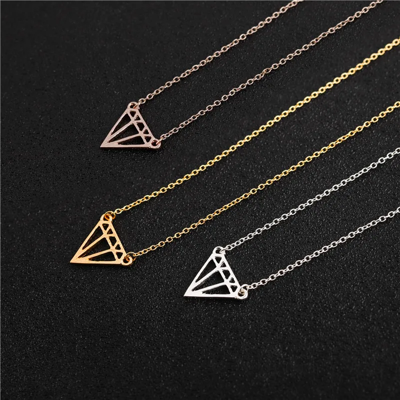 

Gift geometric hollow nut cone lozenge charm necklace flat polygon triangle shape hollow pendant ladies rhombus pendant necklace