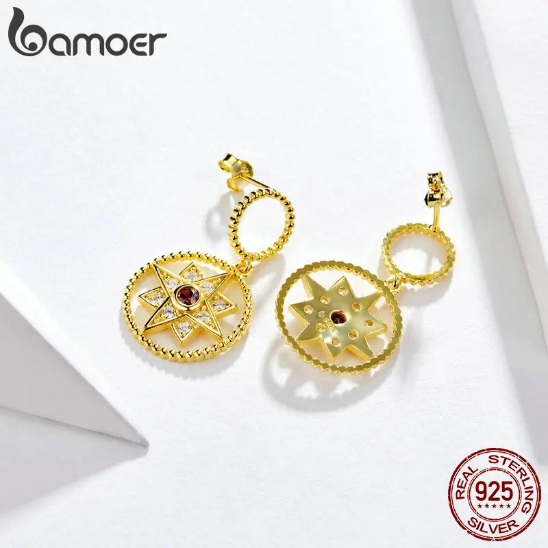 BAMOER, висячие серьги в форме звезды, 925 пробы, серебряные, золотые, винтажный узор, висячие серьги для женщин, Кристальные серебряные ювелирные изделия BSE090