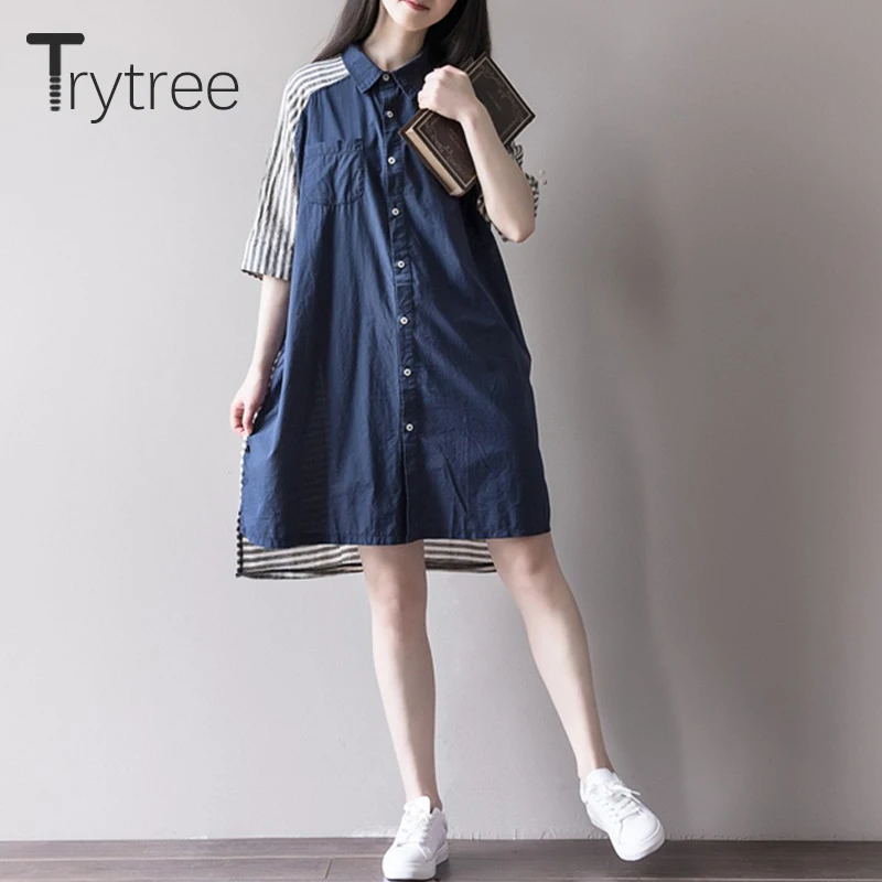 Trytree/летнее Повседневное платье с отложным воротником из хлопка полиэстера темно