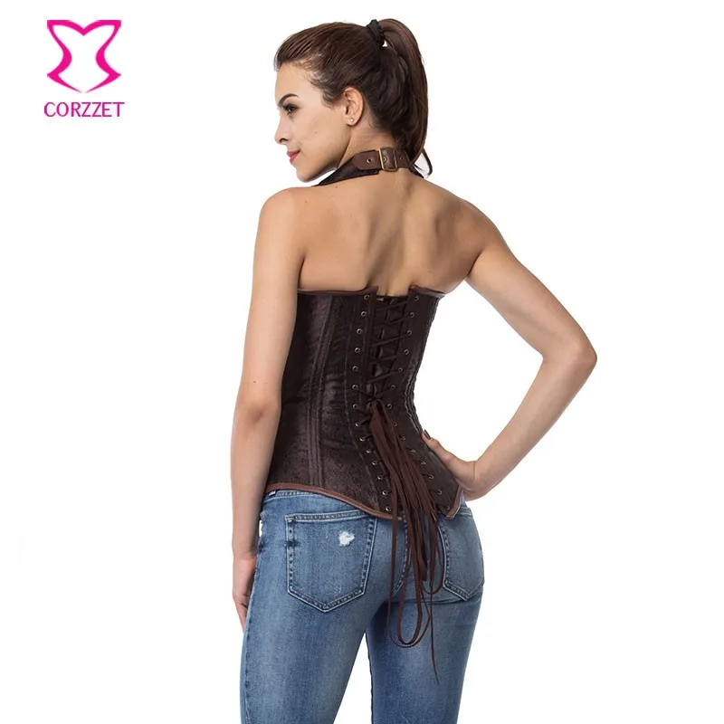 Черная парча корсет с воротником-халтером корсеты и бюстье спиральные стальные