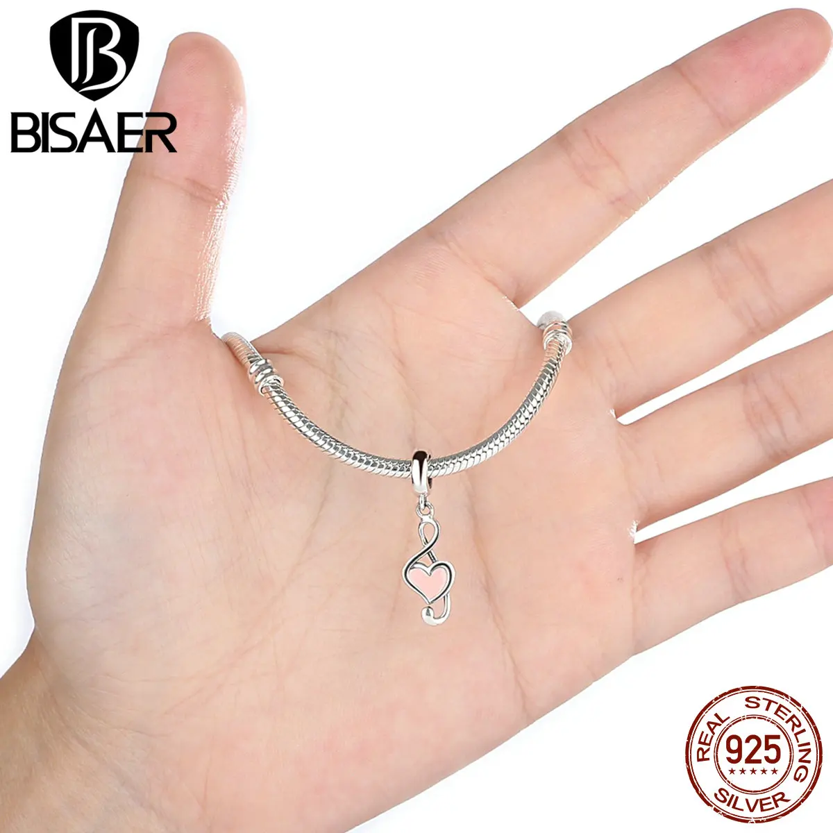 BISAER, 925 пробы, серебряное, розовое сердце, подвеска, подвеска в форме ноты, подходят к оригинальному пану, браслеты, женская мода, сделай сам, ювелирное изделие, HSC110