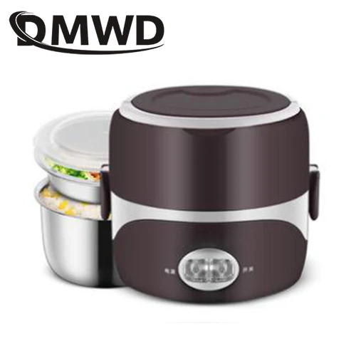 brown two layers DMWD 2L портативный Электрический Подогрев еды Ланч-бокс Мини рисоварка из нержавеющей стали 3 слоя лайнер Пароварка контейнер для пикника грелка - Цвет: brown two layers