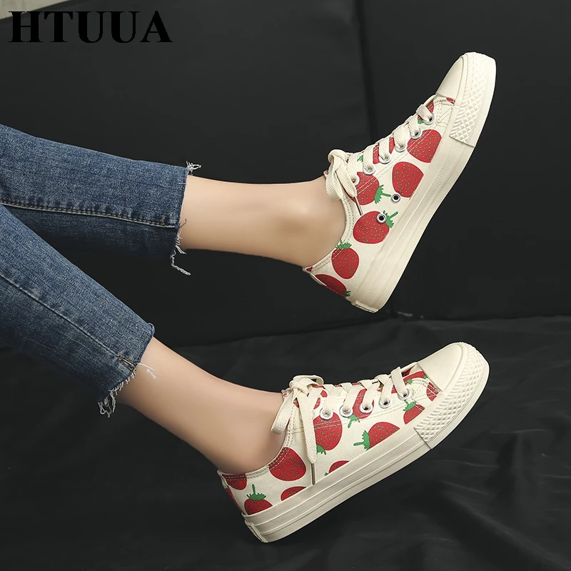 HTUUA/белая парусиновая обувь для женщин кроссовки с принтом клубники