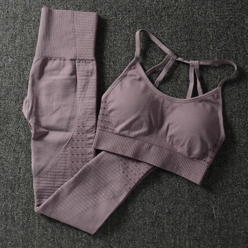 Purple 2 шт./компл. Бесшовные Йога Комплект Для женщин Фитнес Костюмы спортивная женская, для спортивного зала, леггинсы на подкладке пуш-ап спортивный бюстгальтер, спортивные костюмы - Цвет: Purple