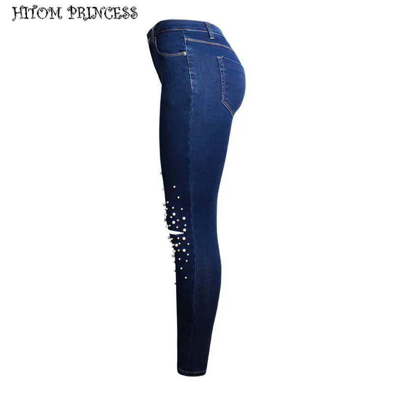 HITOM PRINCESS Streetwear Pearl Beaded Hole Ripped Denim Jeans Female Destroyed Skinny High Waist Women Pencil Pants Plus | Женская