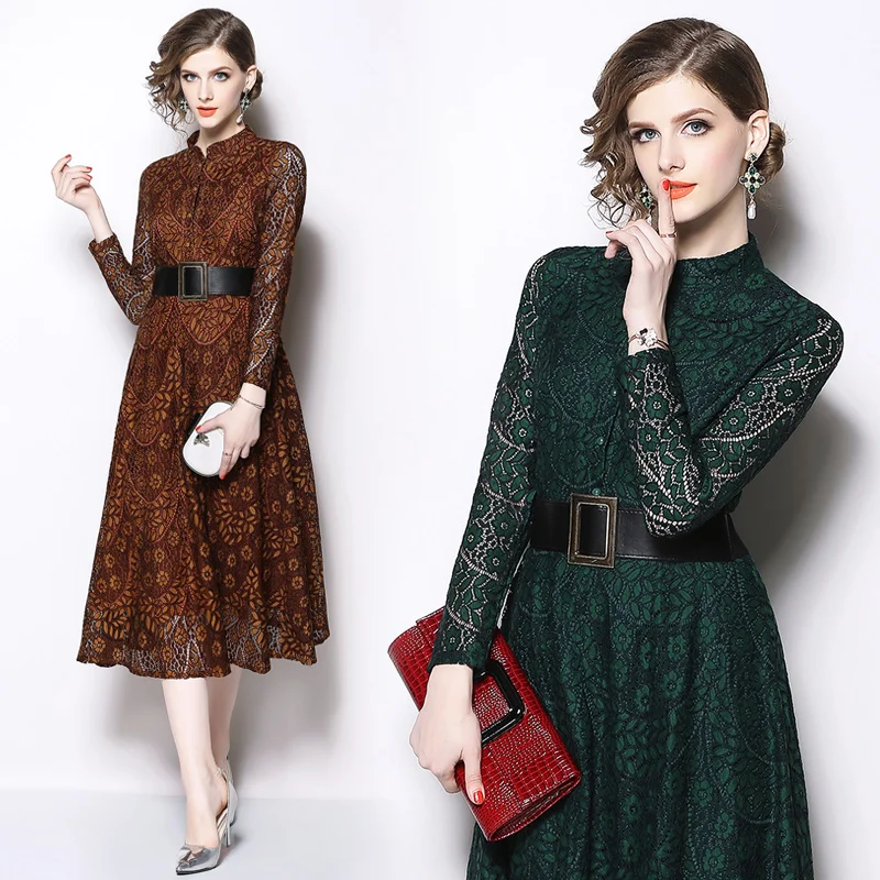 Новинка 2019 года сезон осень однобортное платье с длинными рукавами и кружевным