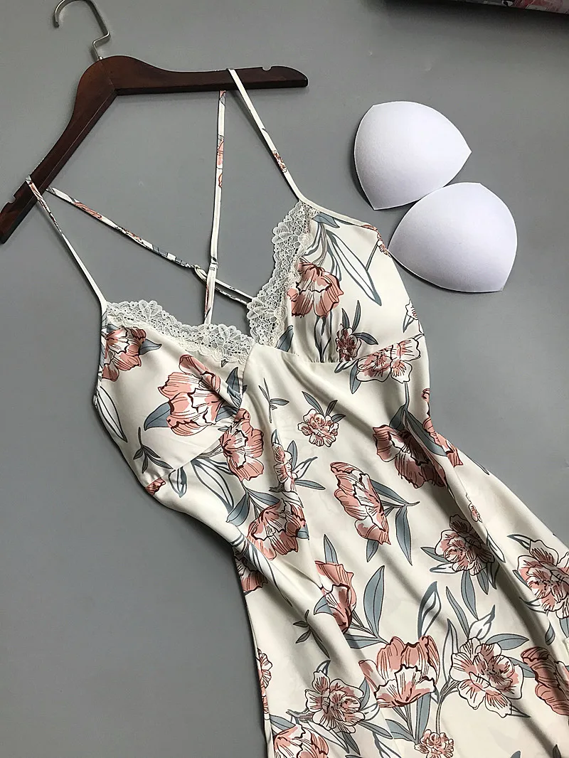 Daeyard шелковая ночная рубашка летняя новая женская ночная рубашка без рукавов с цветочным принтом домашнее платье Сексуальное Кружевное с открытой спиной рубашка Пижама
