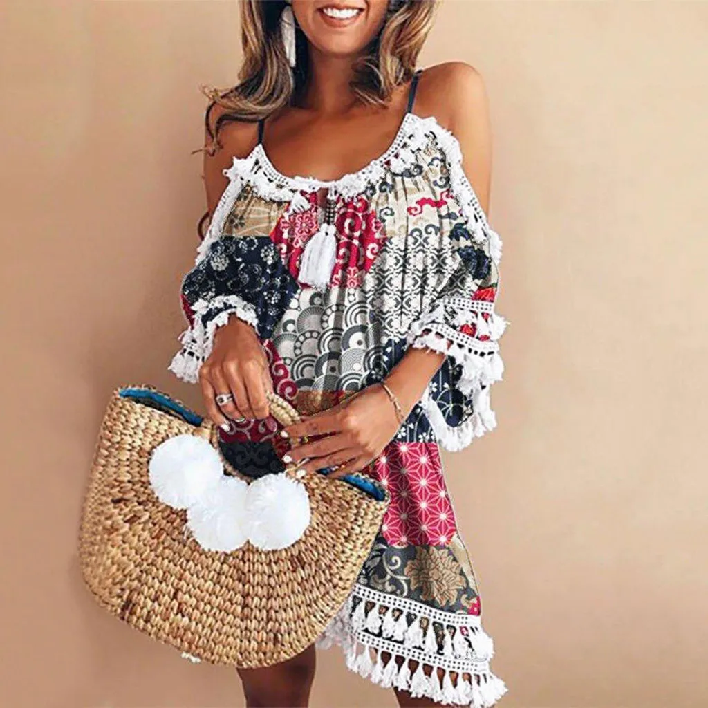

Women Dress 2019 Summer Women Off Shoulder Dress Tassel Bohemia Printed Cocktail Party Beach Dresses Ethnic dress #39